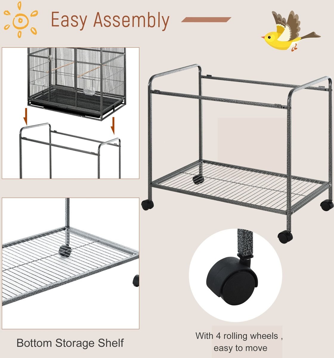 PawHut 30-in Rolling Metal Bird Cage， Black and Gray