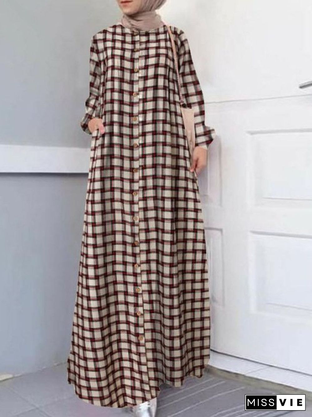 Ethnic Long Sleeve Loose Cardigan Temperament Plaid Cotton and Hemp Long Dress Linen Dresses