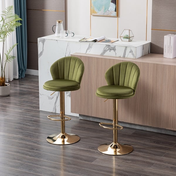 Set of 2 Bar Stools with Chrome Footrest and Base Swivel Height Adjustable Mechanical Lifting Velvet