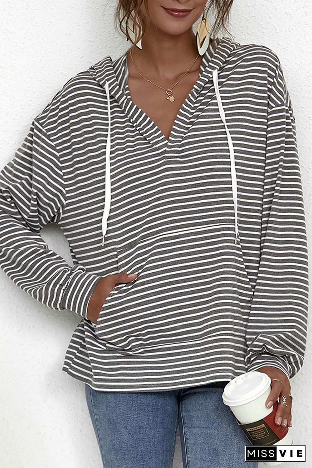 Stripes V Neck Front Pocket Drawstring Hoodies Wholesale