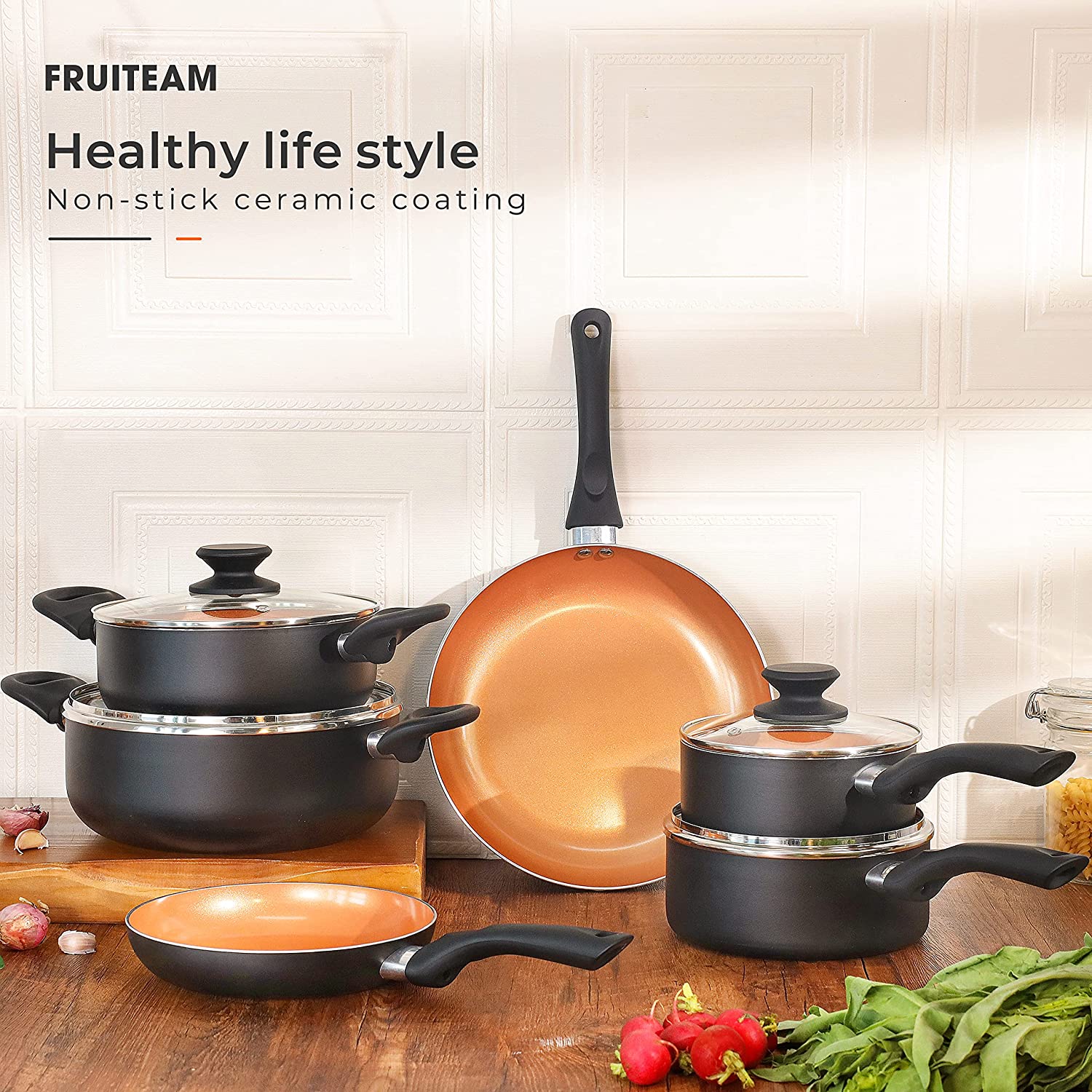 FRUITEAM 10pcs Cookware Set Ceramic Nonstick Soup Pot， Milk Pot and Frying Pans Set， Copper Aluminum Pan with Lid， Induction Gas Compatible， 1 Year Warranty Mothers Day Gifts for Wife…