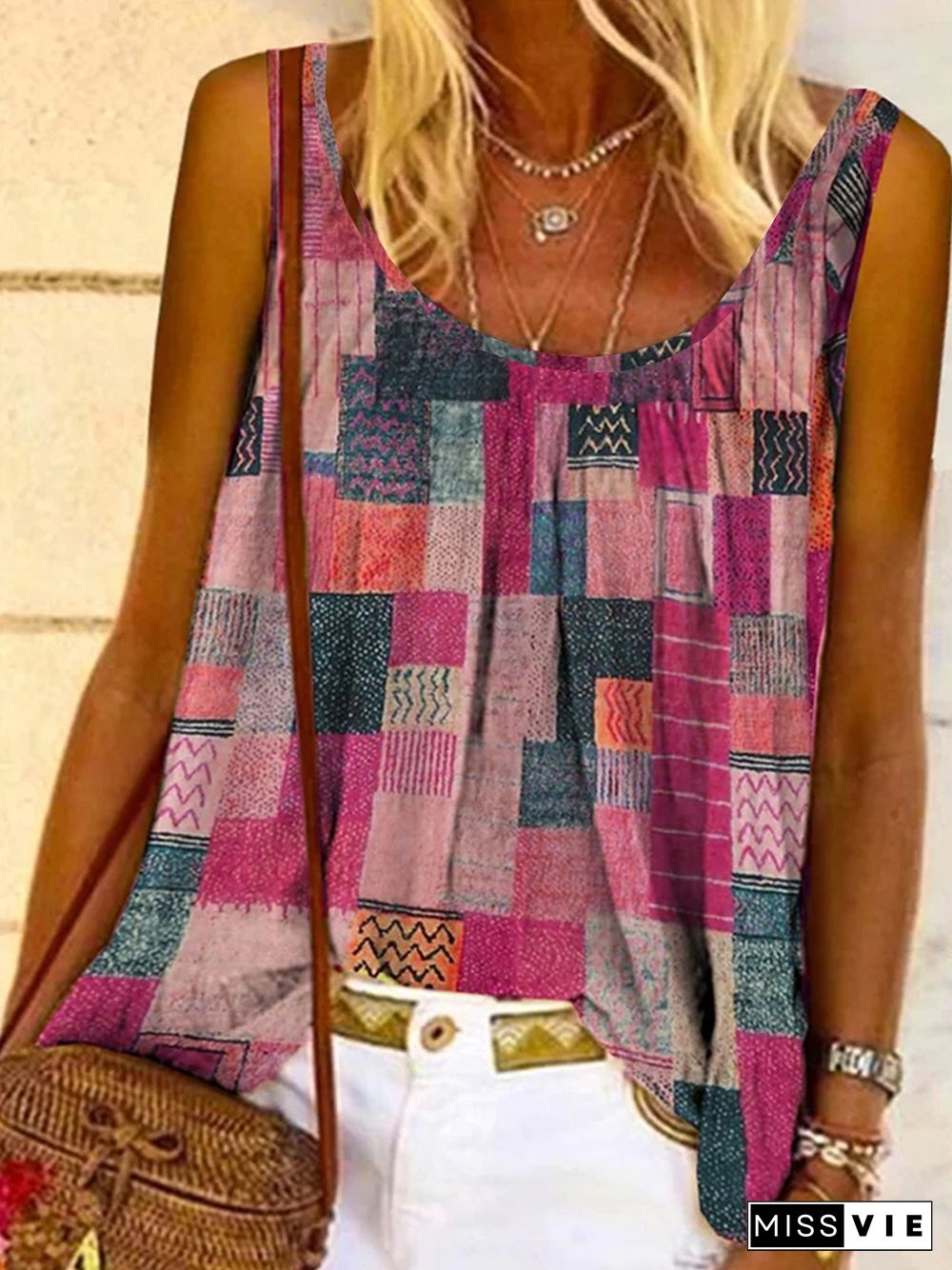 Casual Sleeveless Round Neck Plus Size Printed Top Vests