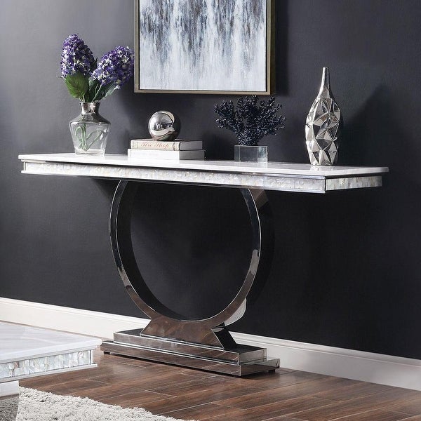 ACME Zander Sofa Table in White Printed Faux Marble and Mirrored Silver Finish