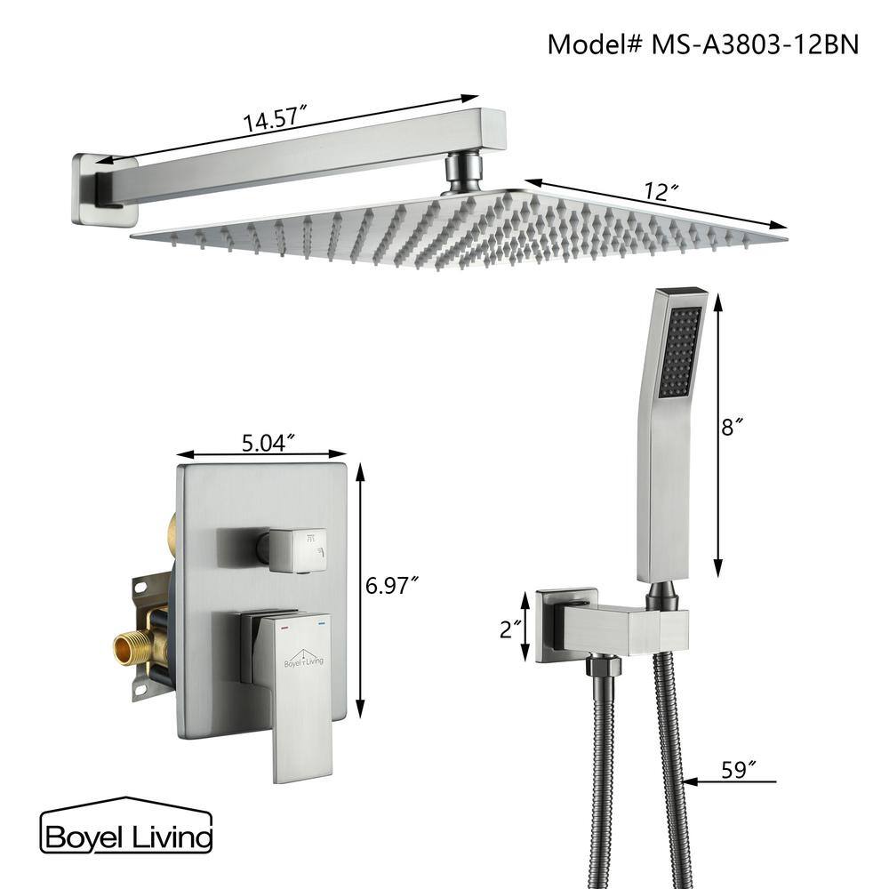 Boyel Living 1-Spray Patterns with 2.5 GPM 12 in. Square Wall Mount Dual Shower Heads with Pressure Balance Valve in Brushed Nickel MS-A3803-12BN