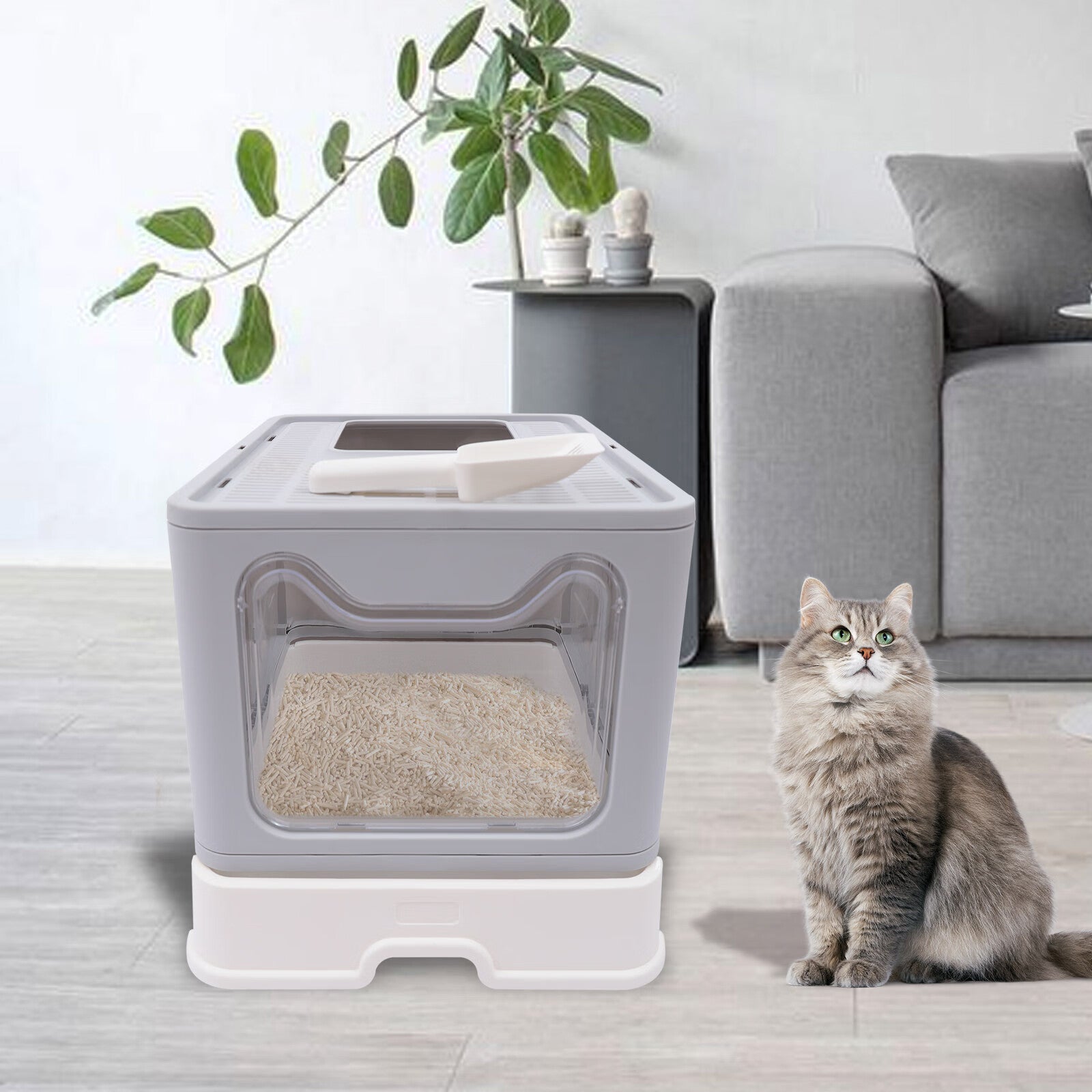 Anqidi Gray Foldable Cat Litter Box Drawer Type Large Space PP+PC Pet Toilet with Cat Sand Shovel