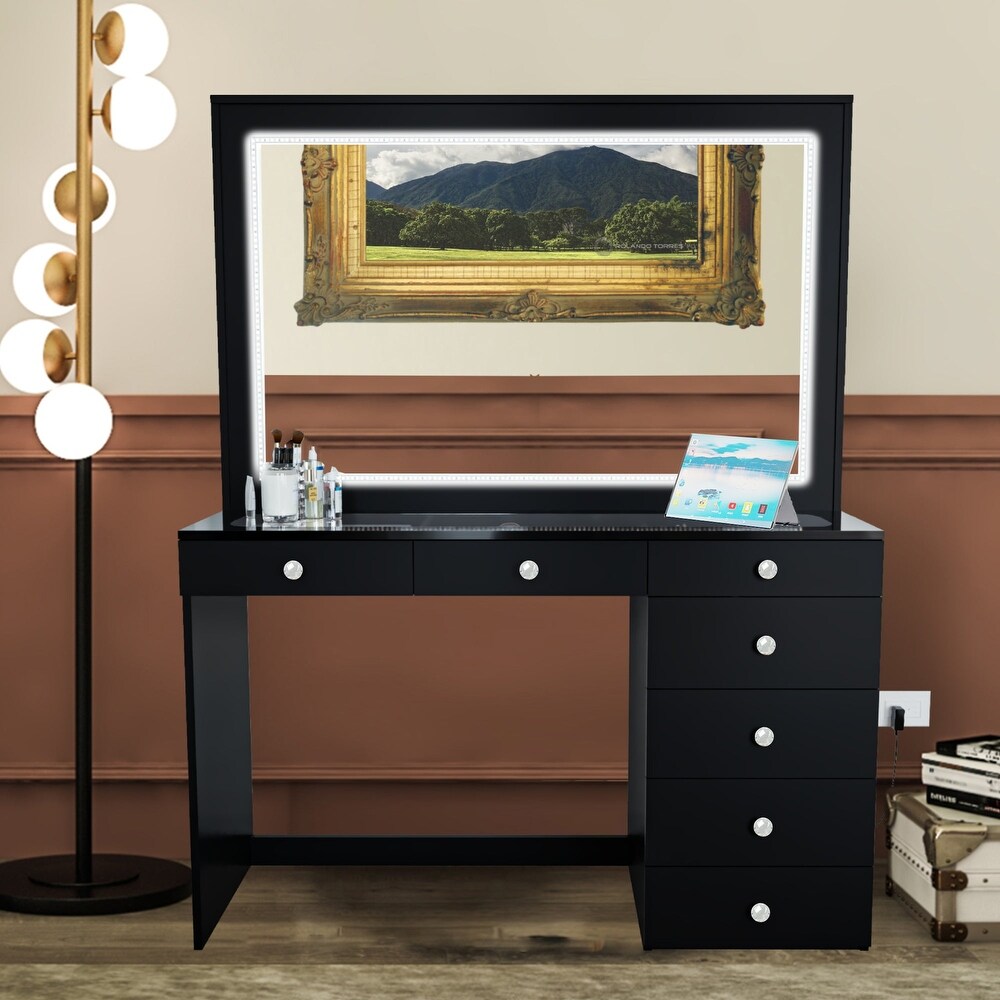 Boahaus Theia Modern Black Vanity Desk  7 Drawers