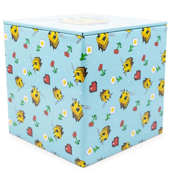 Ukonic Minecraft Bee Pattern Tin Storage Box Cube Organizer With Lid 4 Inches