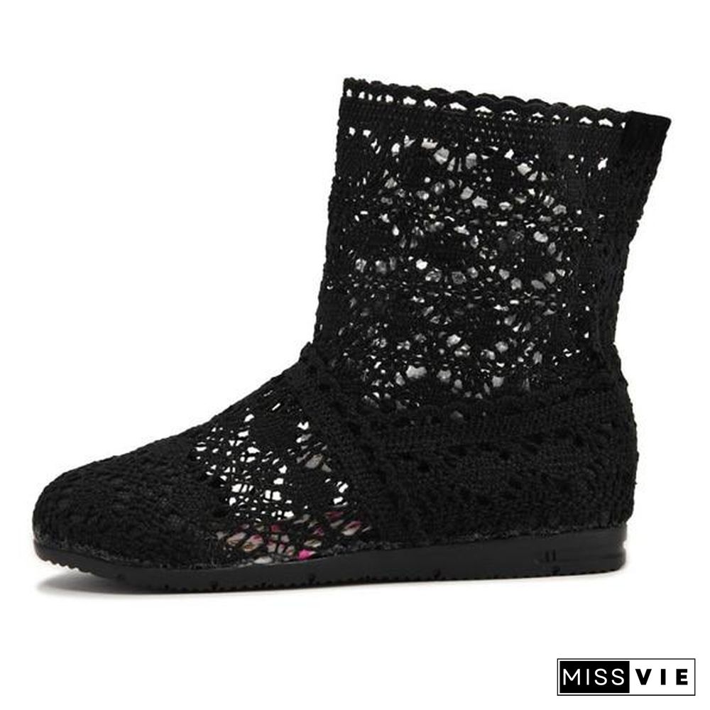 Women Cut-Outs Fashion Shoes Knitted short lace Boot ankle botas Boots