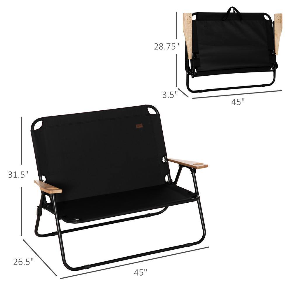 Outsunny Double Black Folding Chair Loveseat Camping Chair for 2-People Portable Outdoor Chair with Wooden Armrests 84B-859BK