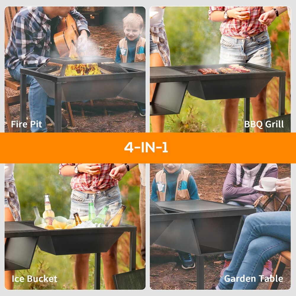 Outsunny 4 in 1 Fire Pit  BBQ Grill  Ice Bucket Cooler  Garden Table  with Cooking Grate  Log Grate   Waterproof Cover