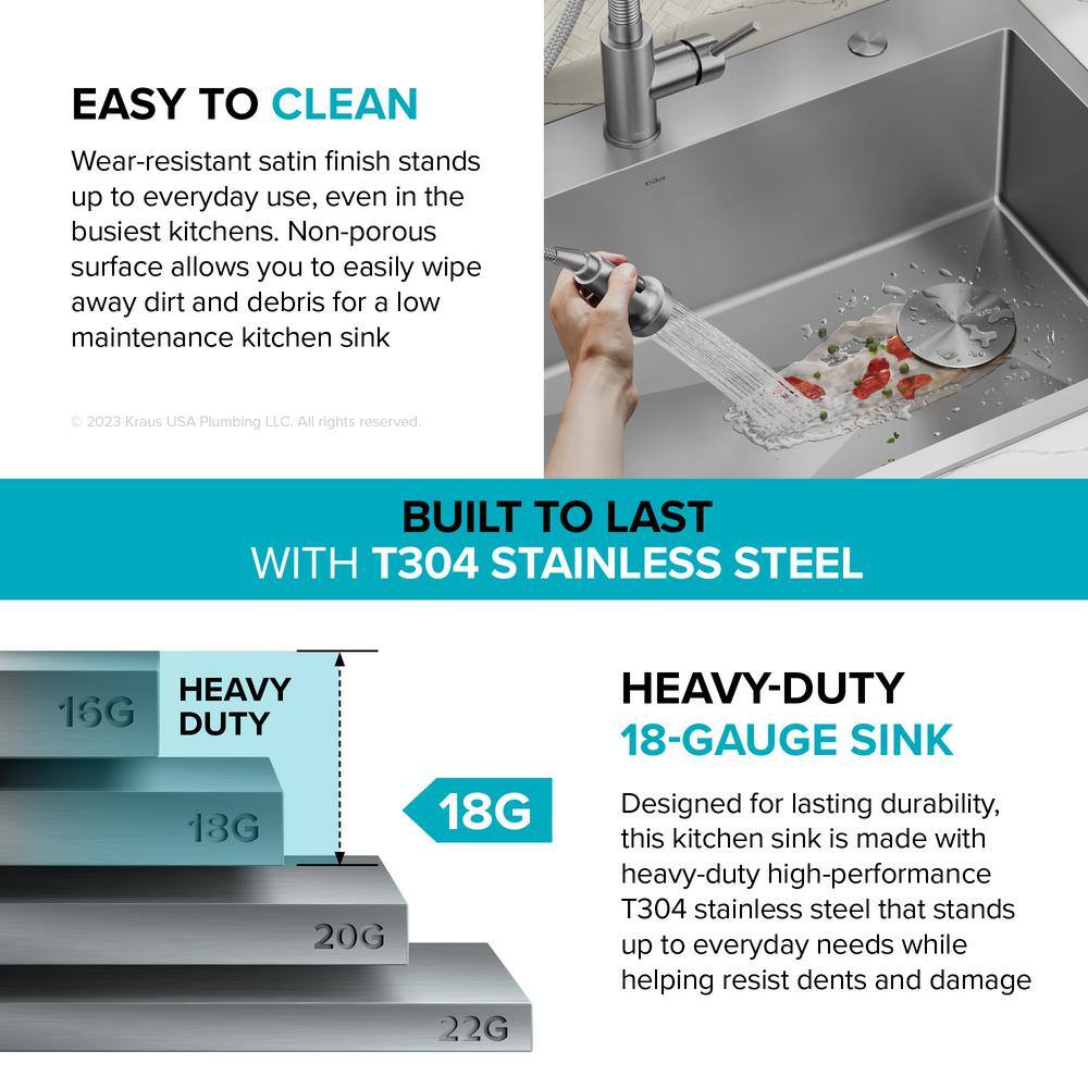 KRAUS Loften Stainless Steel 25 in. 1-Hole Single Bowl Drop-in  Undermount Kitchen Sink with Accessories KHT411-25