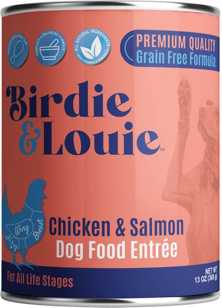 Birdie and Louie Chicken and Salmon Flavored Canned Pate Dog Food， 13-oz， case of 12