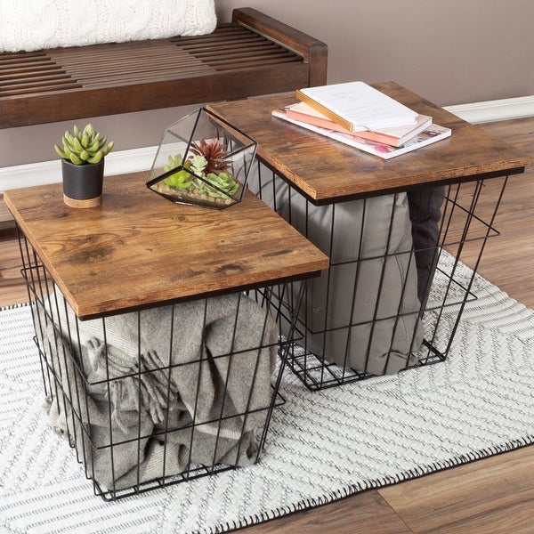 Set of 3 Living Room Tables - Metal Basket Storage with Removable Lids - 2 Small Side and 1 Large Accent Table (Brown/Black)