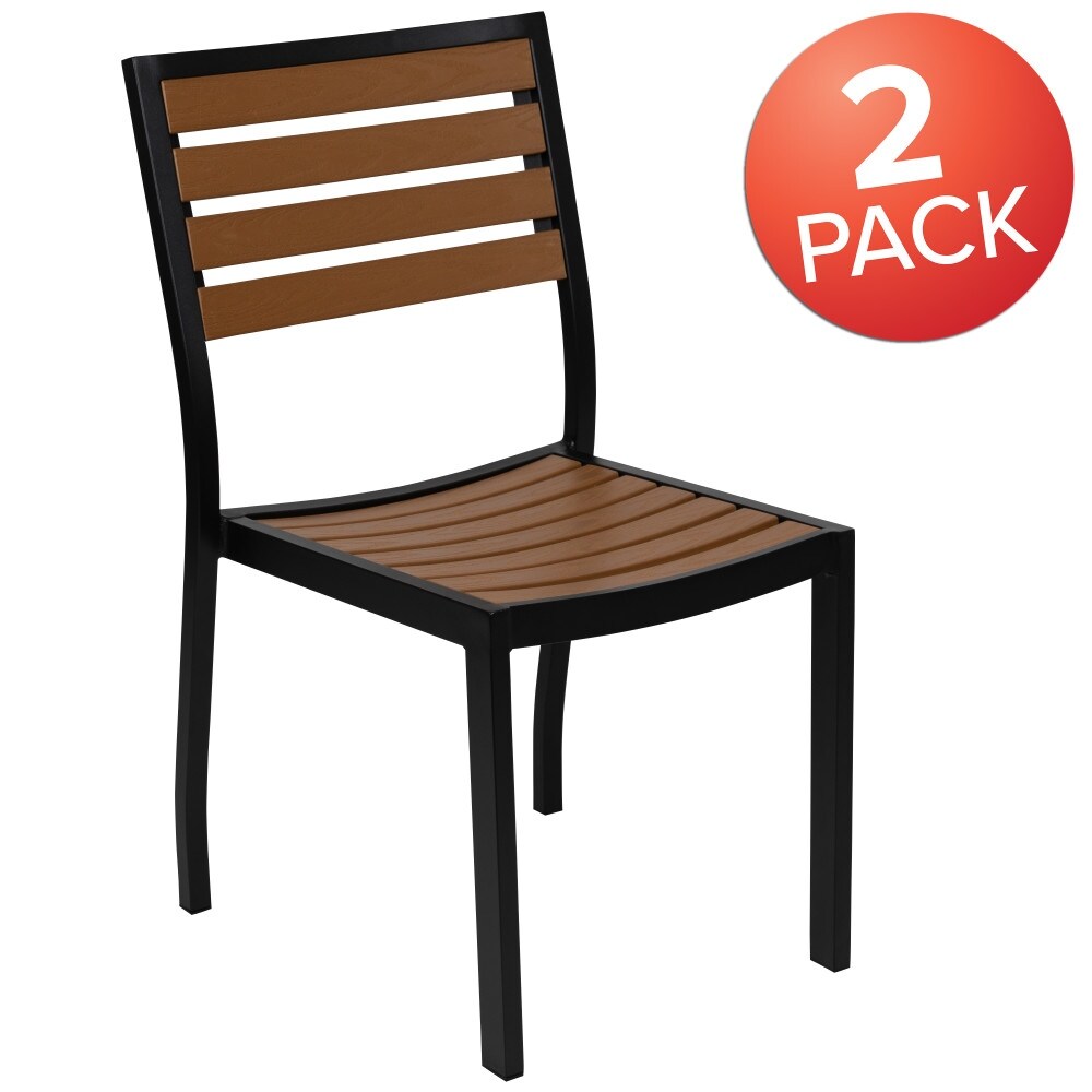 2 Pack Outdoor Faux Teak Side Chair with Poly Slats   Teak Patio Chair