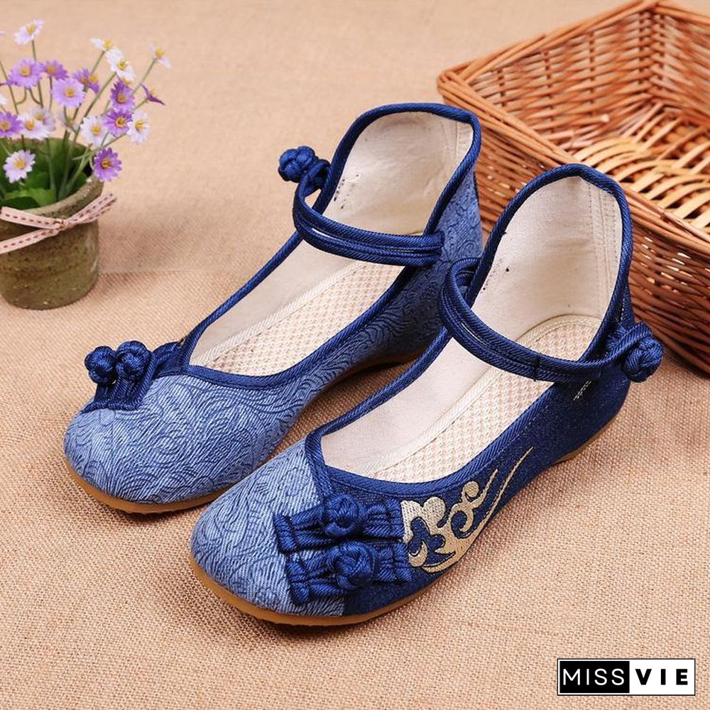 Women Buckle Strap Wedge High Wedge Heels Shoes Blue Oriental Cotton Fabric