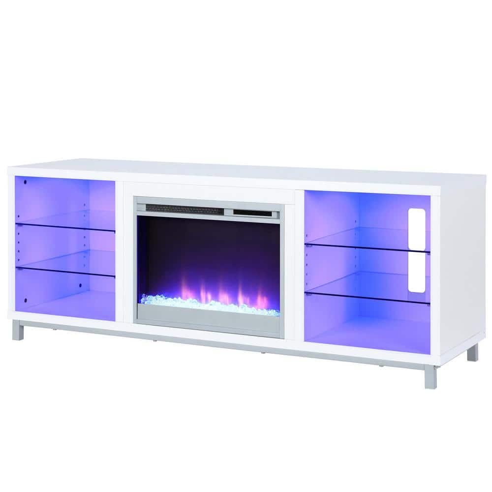 Ameriwood Home Cleavland 65 in White Particle Board TV Stand Fits TVs Up to 70 in with Electric Fireplace