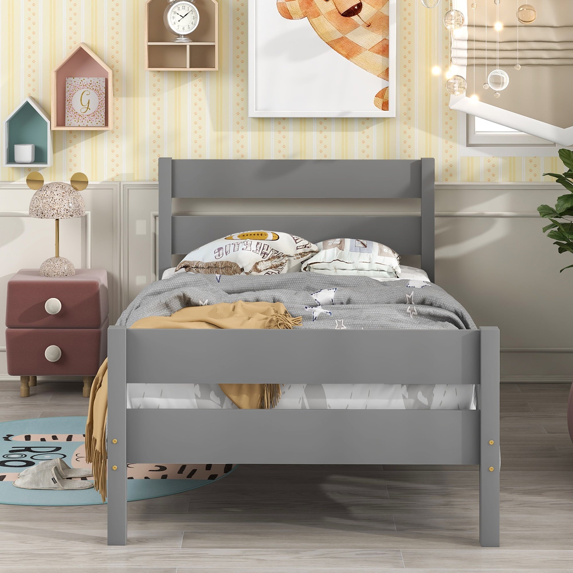 uhomepro Twin Bed Frame No Box Spring Needed, Wood Platform Bed Frame with Headboard and Footboard, Strong Wooden Slats, Twin Bed Frames for Kids, Adults, Modern Bedroom Furniture, Gray