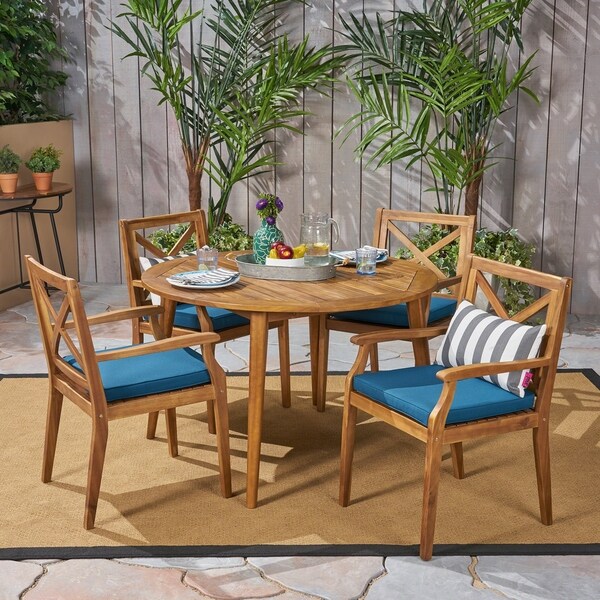 Pines Outdoor 5 Piece Acacia Wood Dining Set with Cushions by Christopher Knight Home