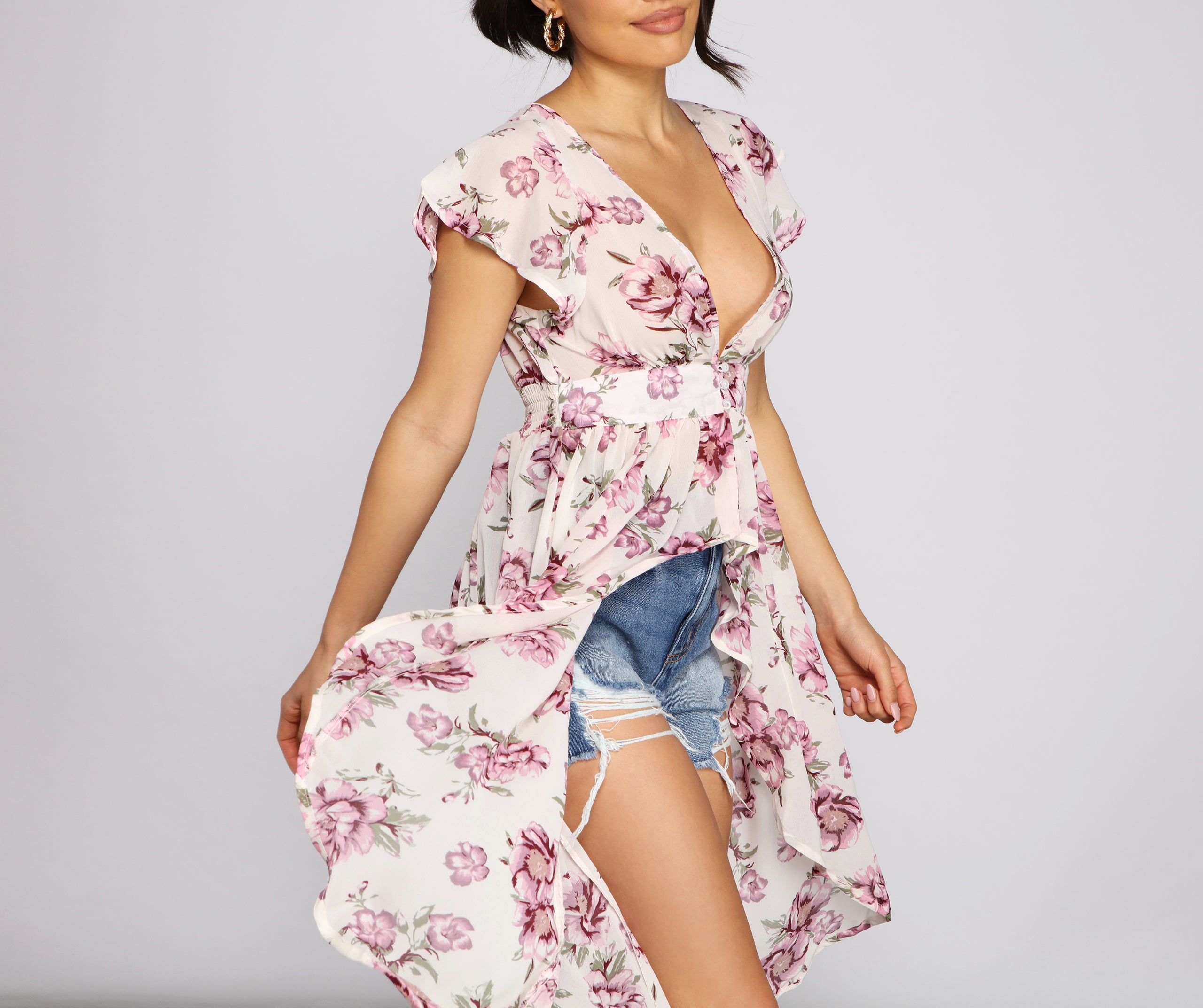 Floral Flutter Sleeve Chiffon High-Low Duster