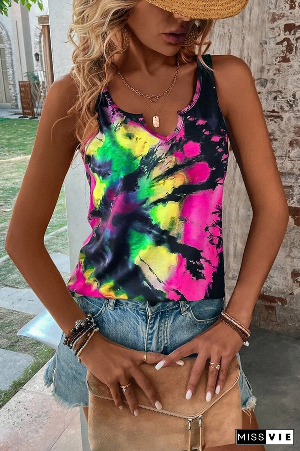 Split V Neck Tie Dye Tank Top