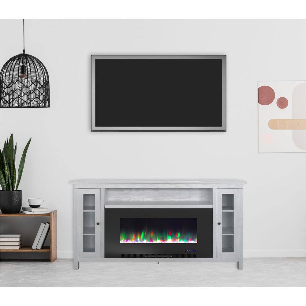 Hanover Brighton 69.7 in. W Freestanding Electric Fireplace TV Stand in White with Crystal Rock Display FS6938-1BWT