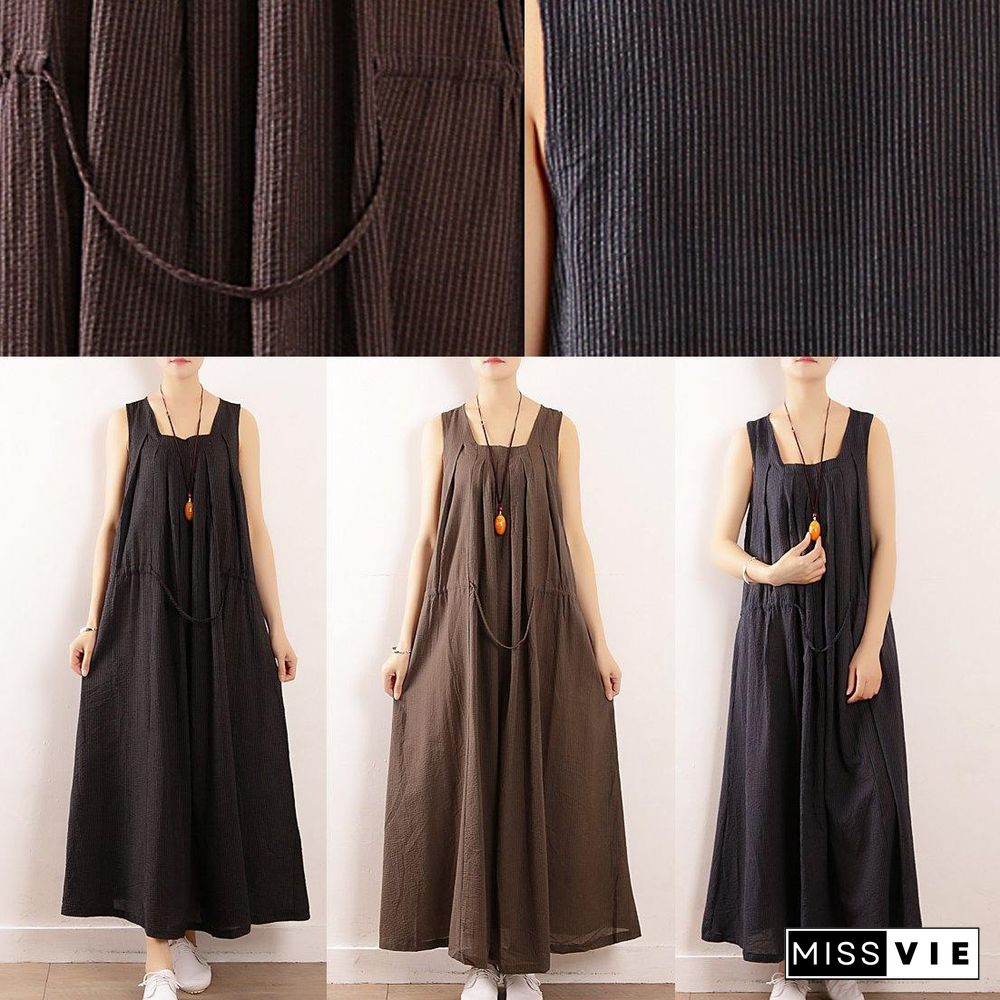 Elegant dark blue linen cotton Robes Fine Sewing Sleeveless drawstring Maxi Summer Dresses