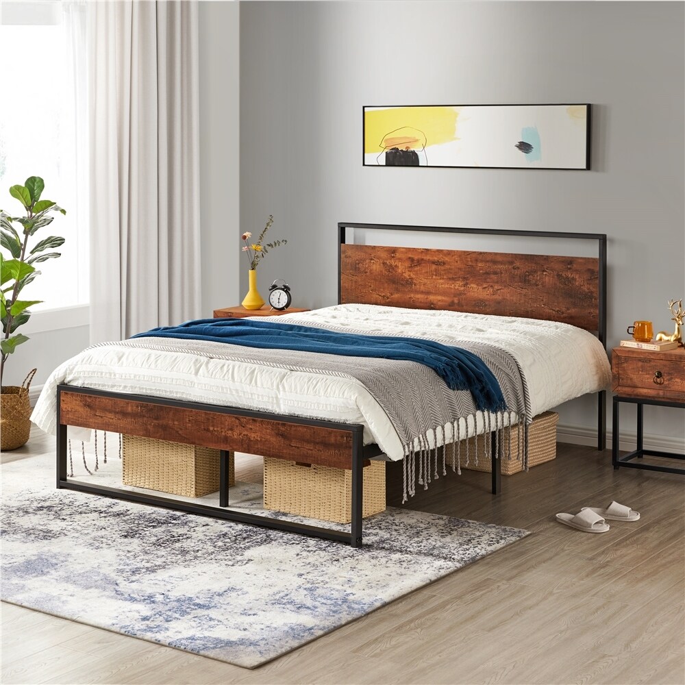 Yaheetech Rustic Metal Platform Bed Frame Sturdy Slatted Bed Base