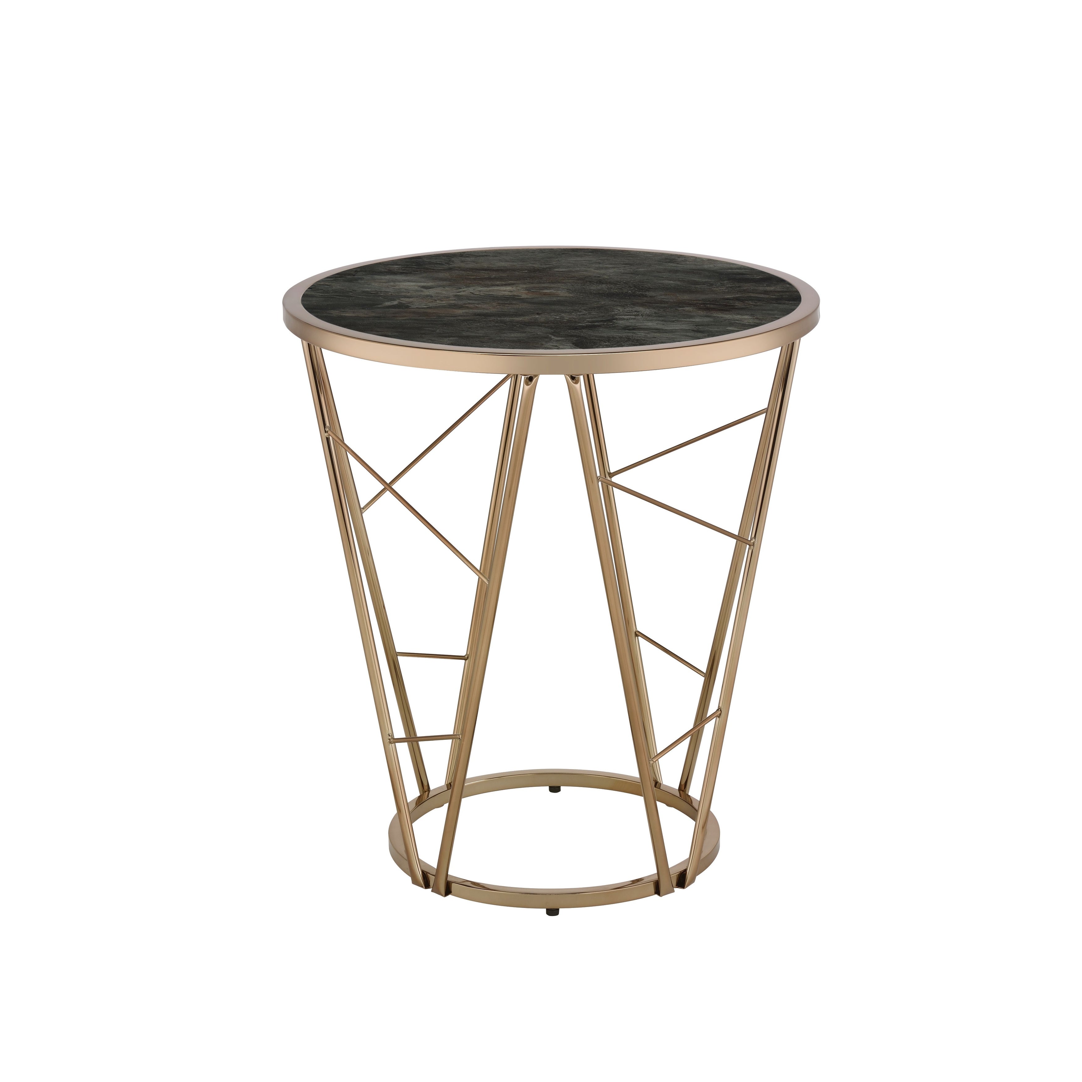 Modern Style Cicatrix End Table， Faux Black Marble Glass and Champagne Finish