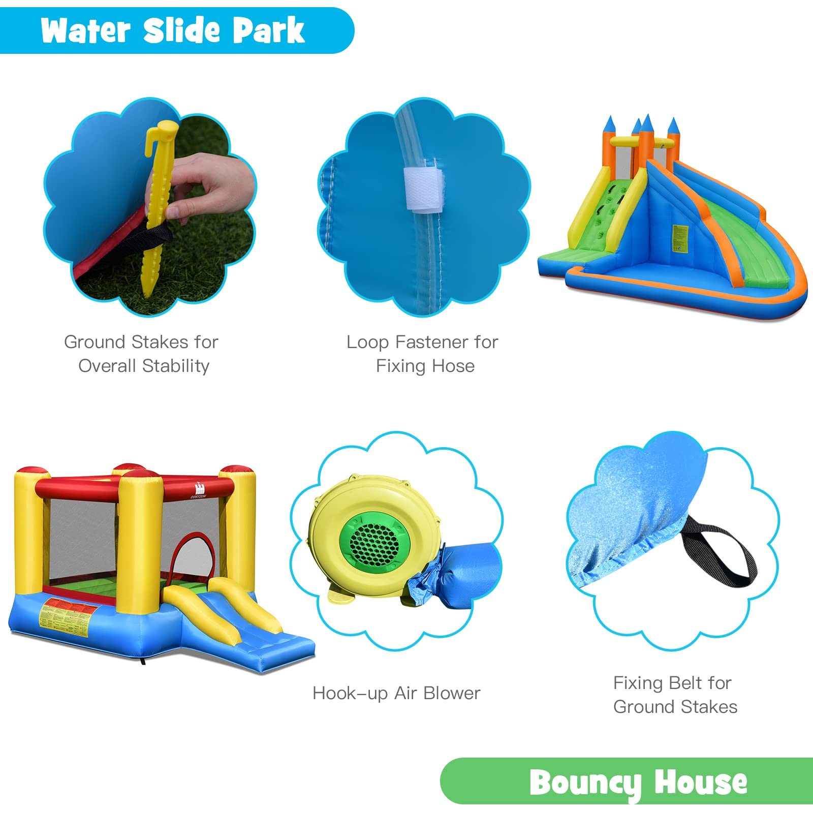 BOUNTECH Kids Jumper Bounce House with Water Slide, Inflatable Slide Bouncer Combo w/ Air Blower (2 in 1 Combo)