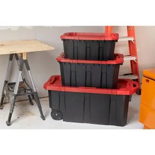 Husky 45 Gal. Latch and Stack Tote with Wheels in Black with Red Lid 206201