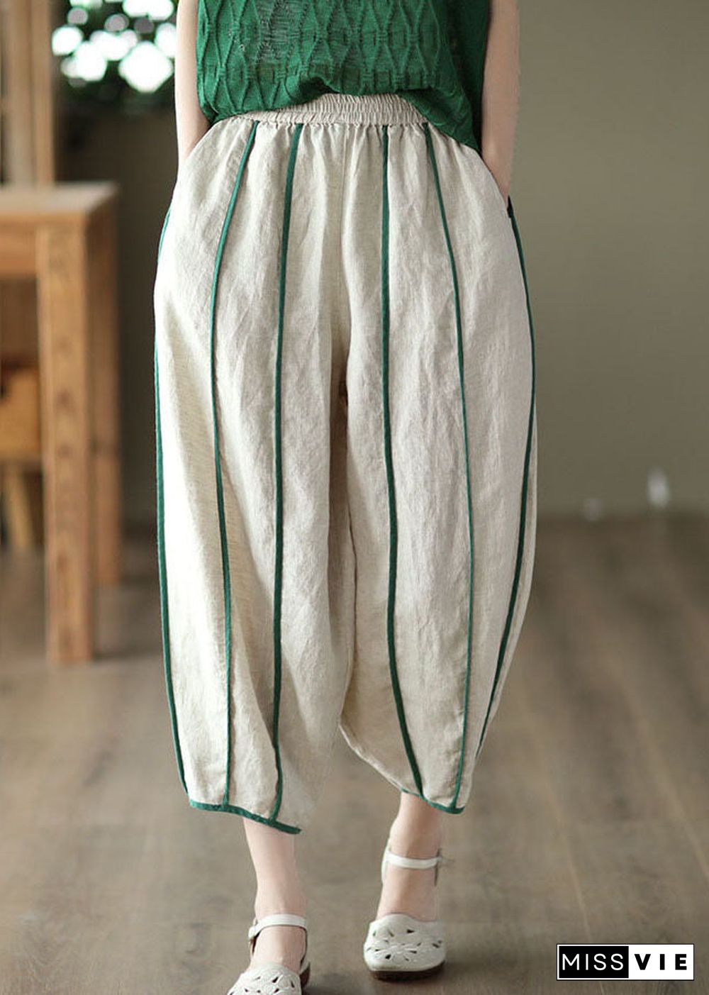 Print2 Patchwork Linen Harem Pants Pockets Striped Summer