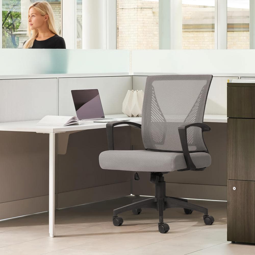 LACOO Office Gray Mid Back Swivel Lumbar Support Desk, Computer Ergonomic Mesh Chair with Armrest T-OCNC7504