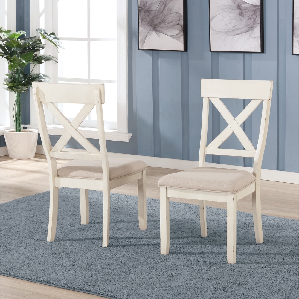 Roundhill Furniture Prato 5 Piece Round Dining Table Set with Cross Back Chairs  Antique White and Distressed Oak