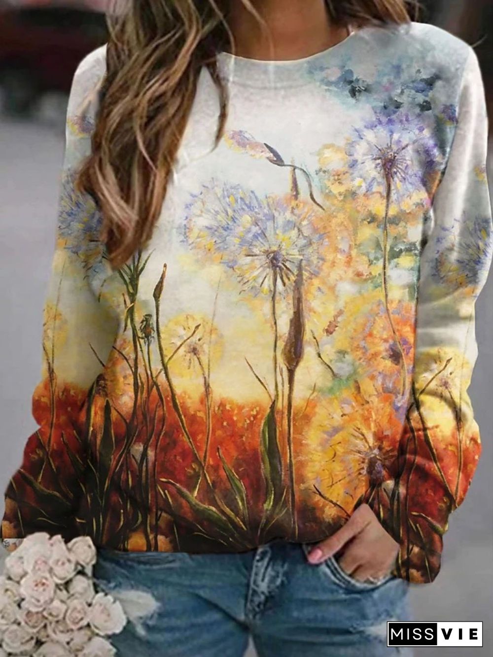 Round Neck Printed Long Sleeve T-shirt