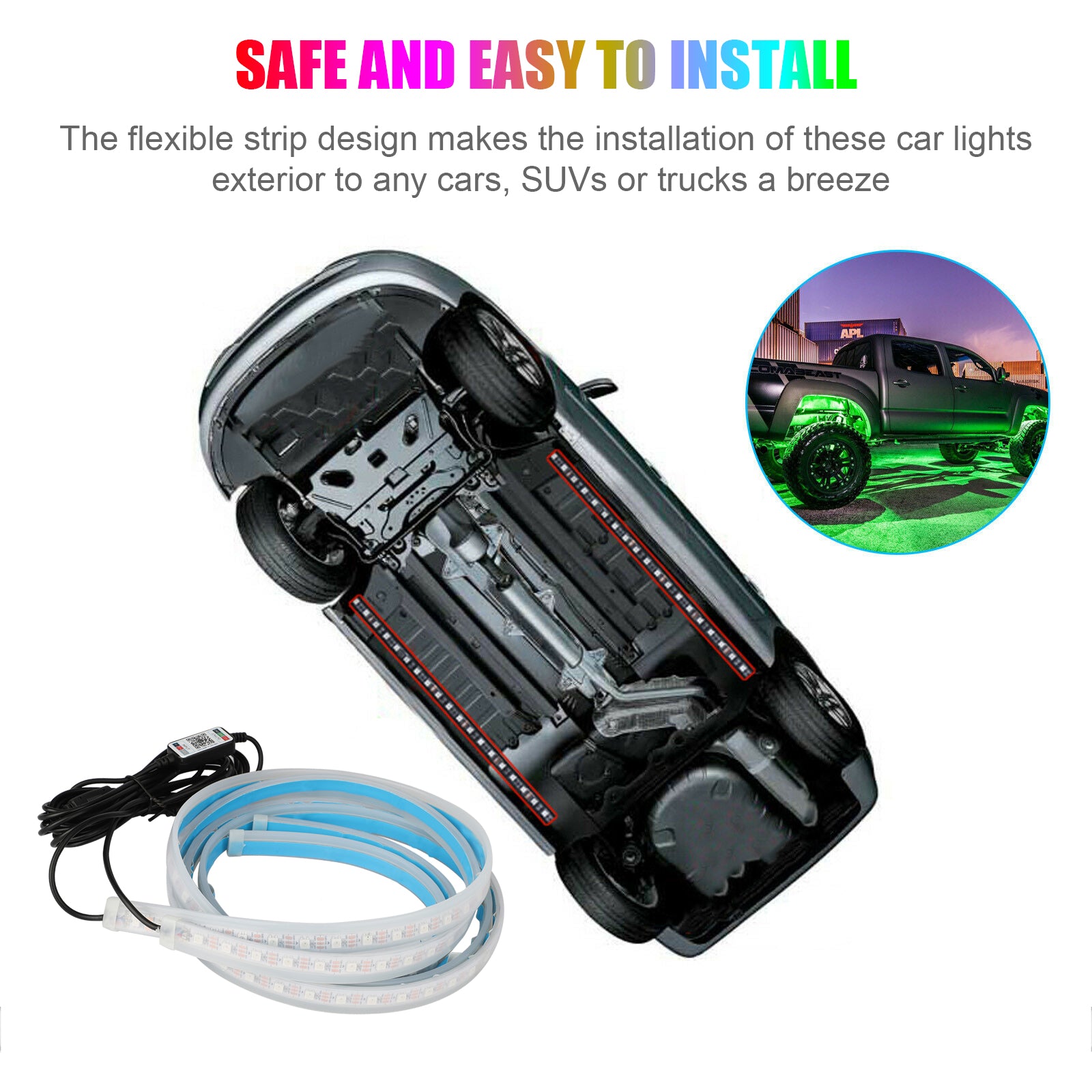 Exterior Car LED Lights， TSV 5ft RGB Color LED Running Board Atmosphere Light Strip， Waterproof Exterior Ambient Lighting with Wireless APP Music Control for Trucks Cars SUV Pickup