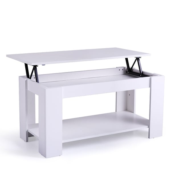 Lift Top Coffee Table with Hidden Compartment and Open Shelf ， White