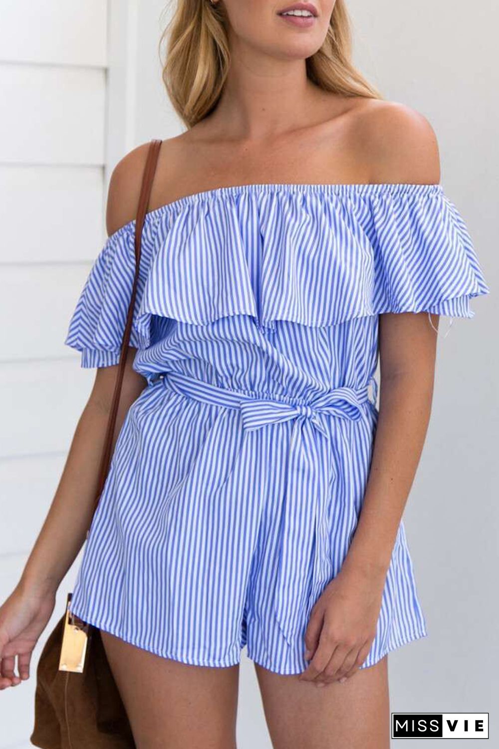 Casual Striped Flounce Off The Shoulder Straight Jumpsuits