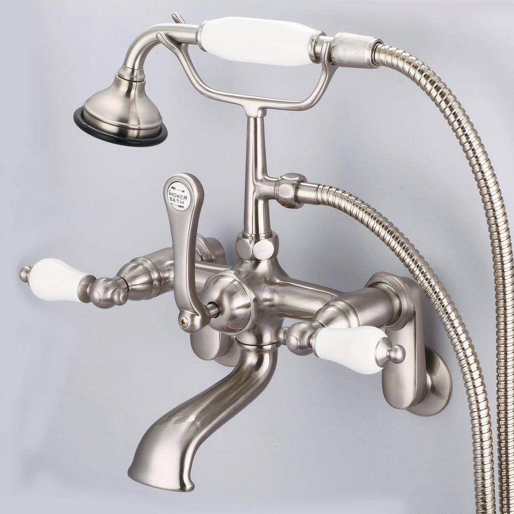 Water Creation 3-Handle Vintage Claw Foot Tub Faucet with Porcelain Lever Handles and Hand Shower in Brushed Nickel F6-0009-02-PL