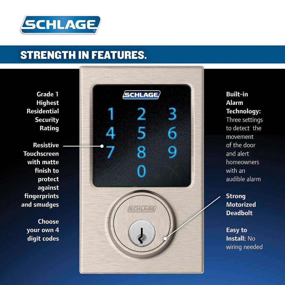 Schlage Century Satin Nickel Connect Smart Lock with Alarm and Latitude Lever Handleset BE469ZP V CEN619 + FE285 V LAT 619 CEN