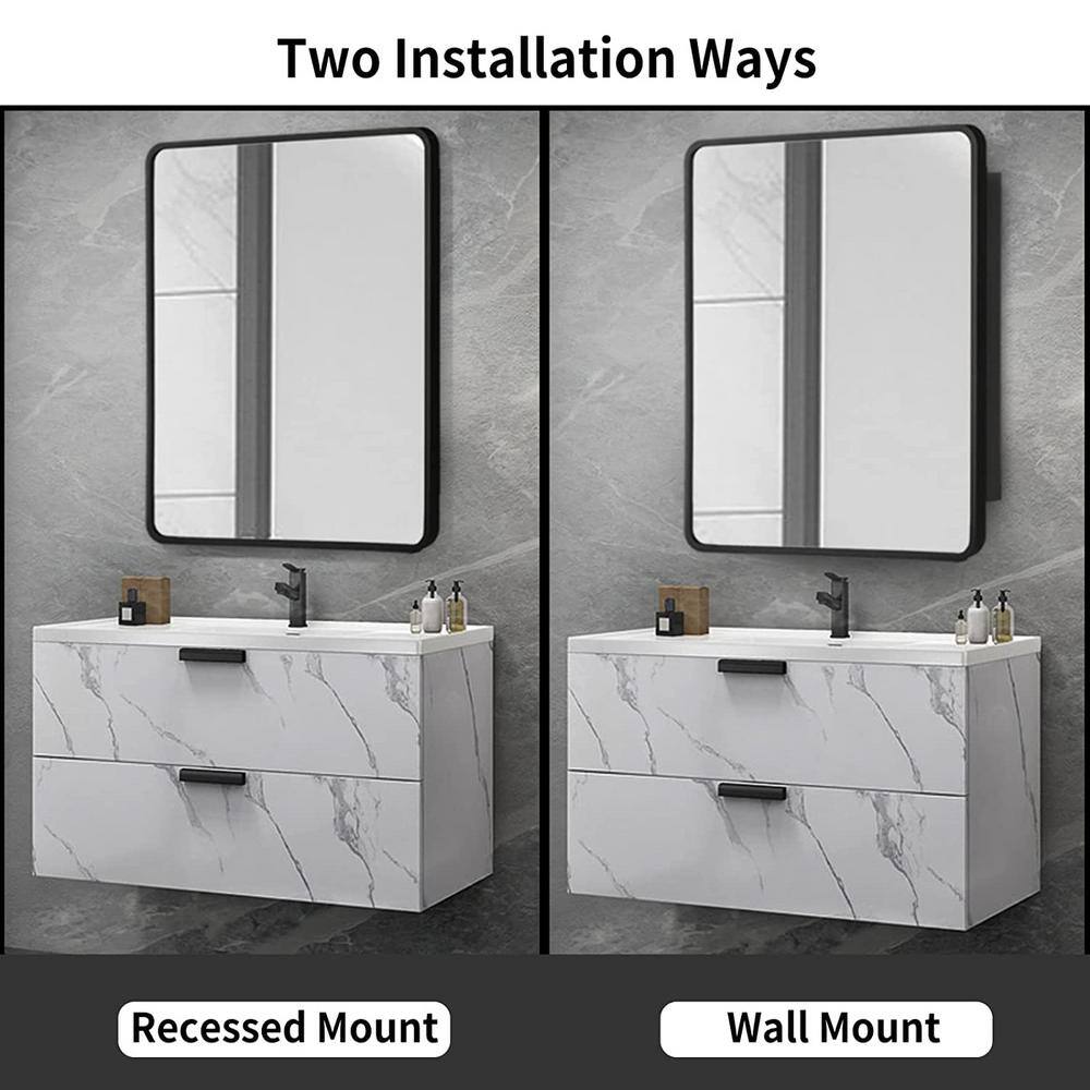 30 in. W x 24 in. H Black Metal Framed Rounded Corner Wall MountRecessed Bathroom Medicine Cabinet with Mirror S-W135560548