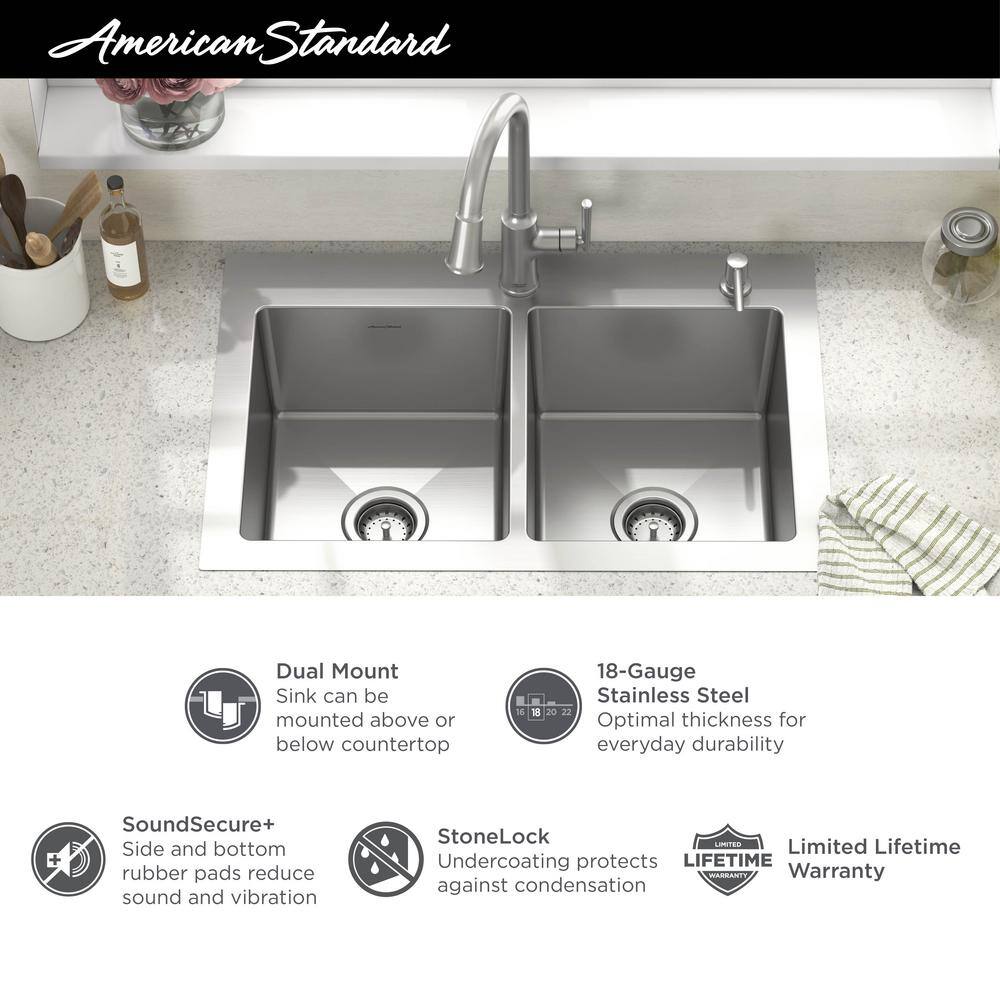 American Standard Raviv Stainless Steel 32 in. Double Bowl Drop-In Kitchen Sink 18DB000132C2.075