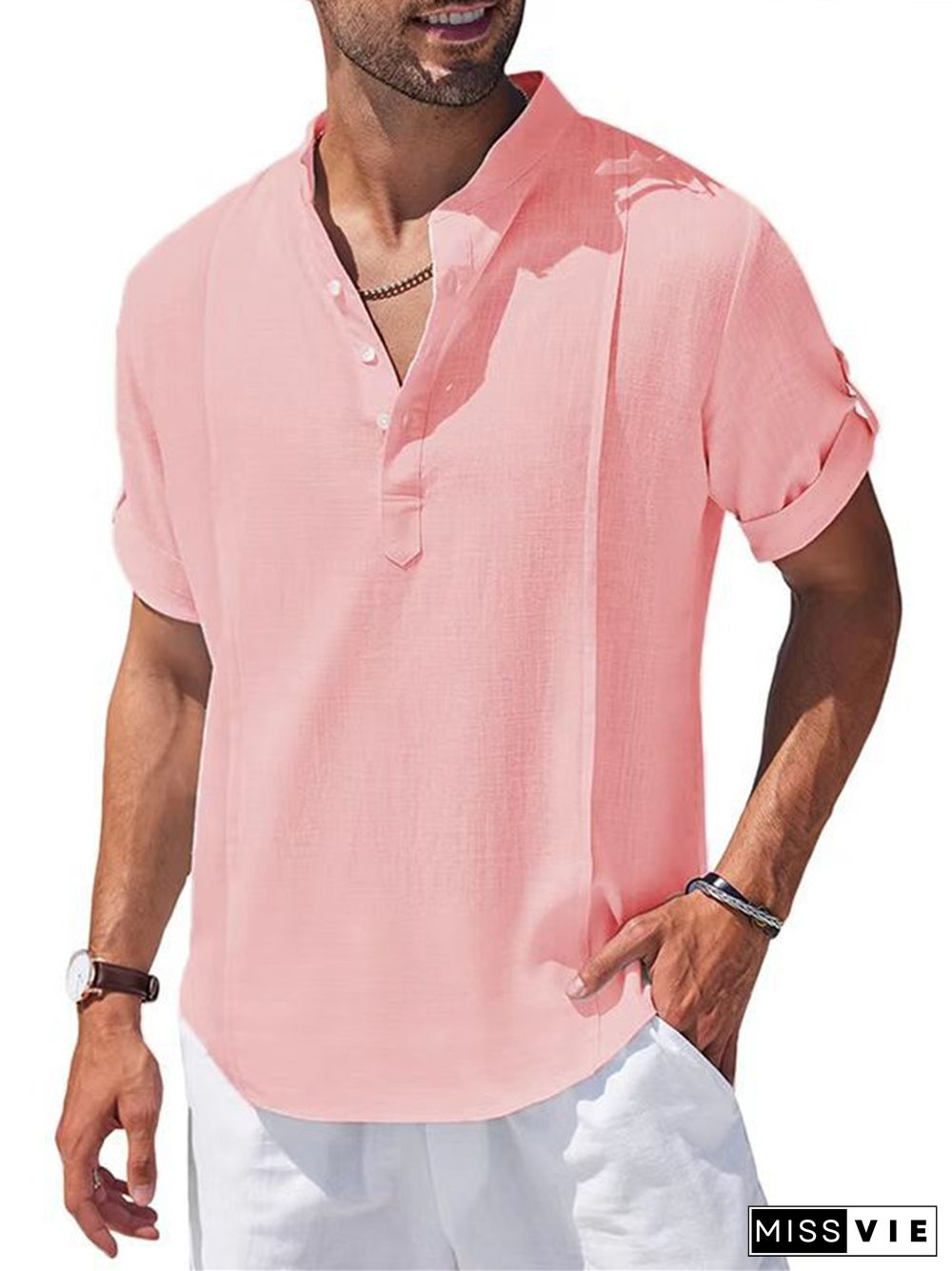 Linen Shirt Casual Beach Shirt Short Sleeve T-shirt Solid Color Stand-up Collar Top S M L XL 2XL 3XL 4XL 5XL