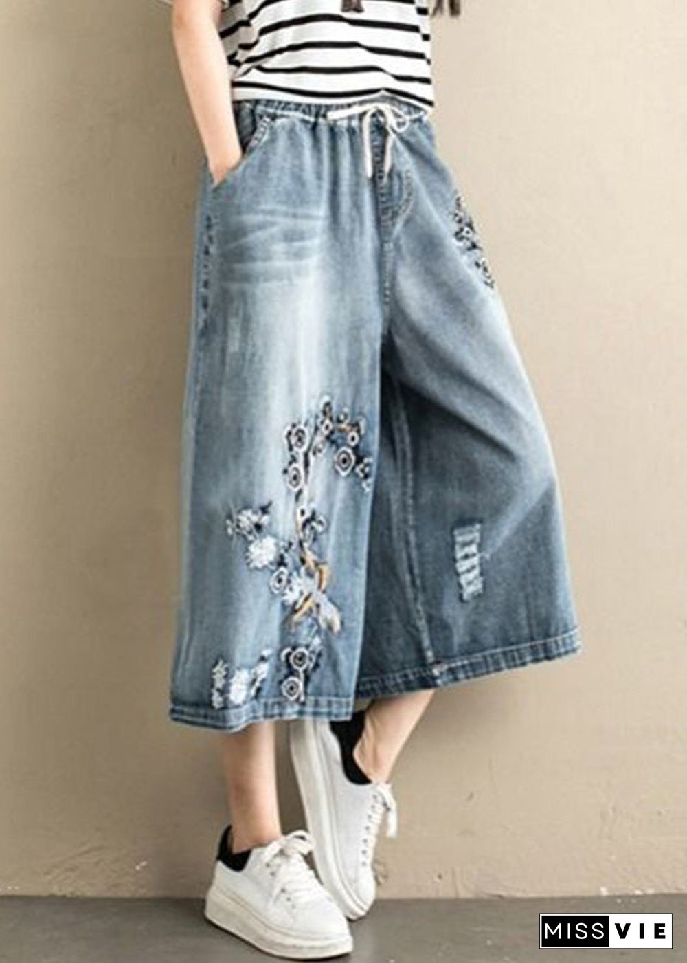 Women Denim Blue Embroideried Tie Waist Wide Leg Pants Summer