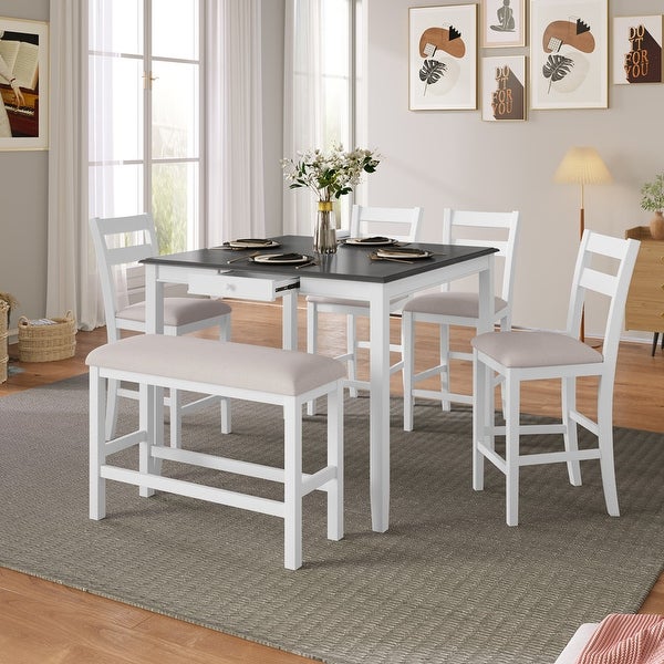 Wooden 6-piece dining table with storage drawers， counter height square kitchen with upholstered chairs and benches