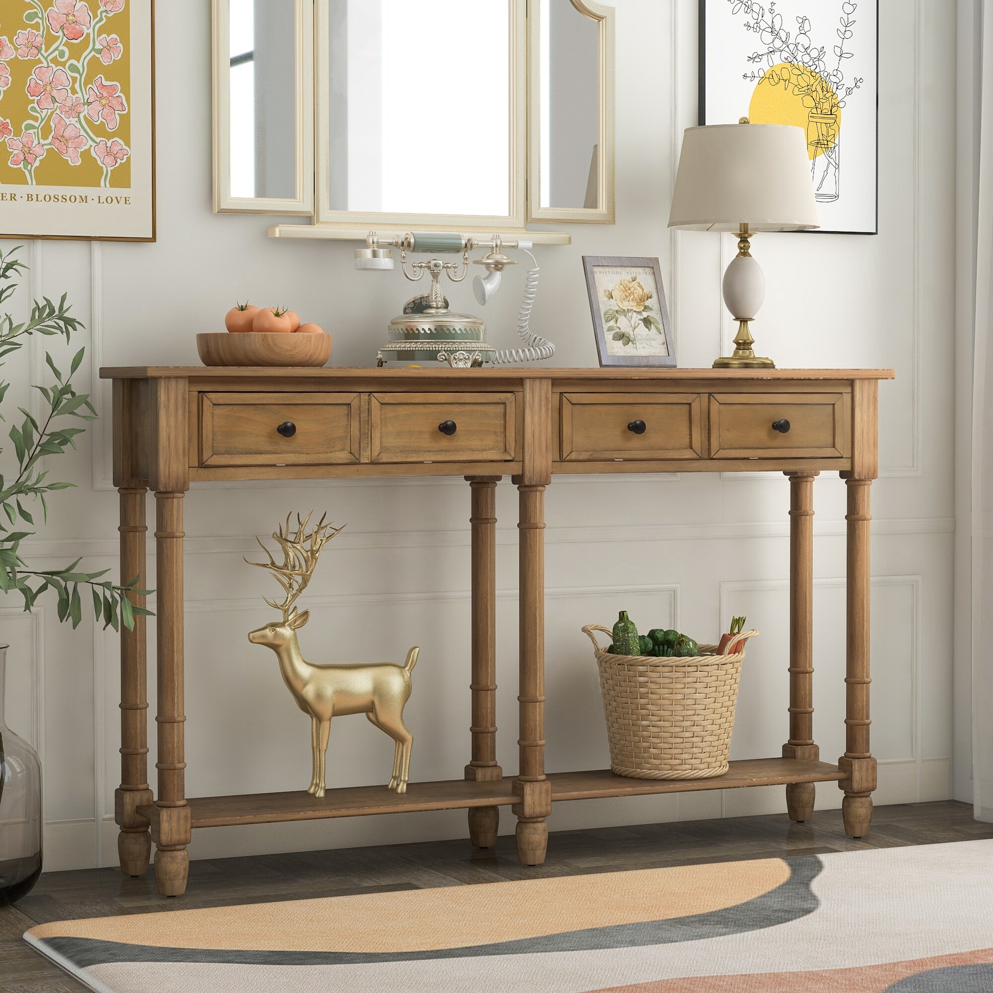 Console Table Sofa Table with 2 Storage DrawersandBottom Shelf， Old Pine