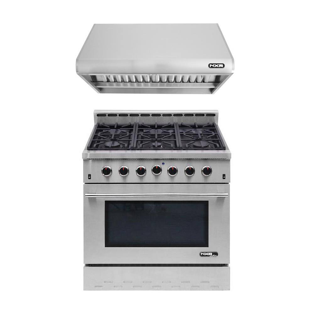 NXR Entree Bundle 36 in. 5.5 cu. ft. Pro-Style Gas Range with Convection Oven and Range Hood in Stainless Steel and Black NK3611BD