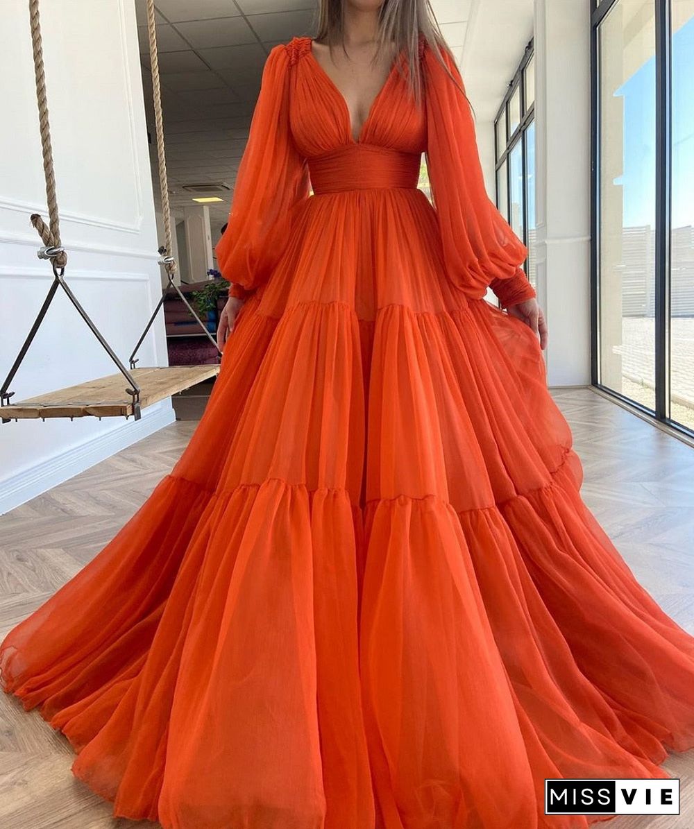 Long Puff Sleeves Prom Dresses V-Neck Pleats Chiffon Princess Evening Gowns Women Party Dress Plus Size