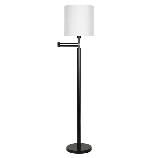 Moby Swing Arm Floor Lamp with Fabric Drum Shade in Blackened Bronze/White