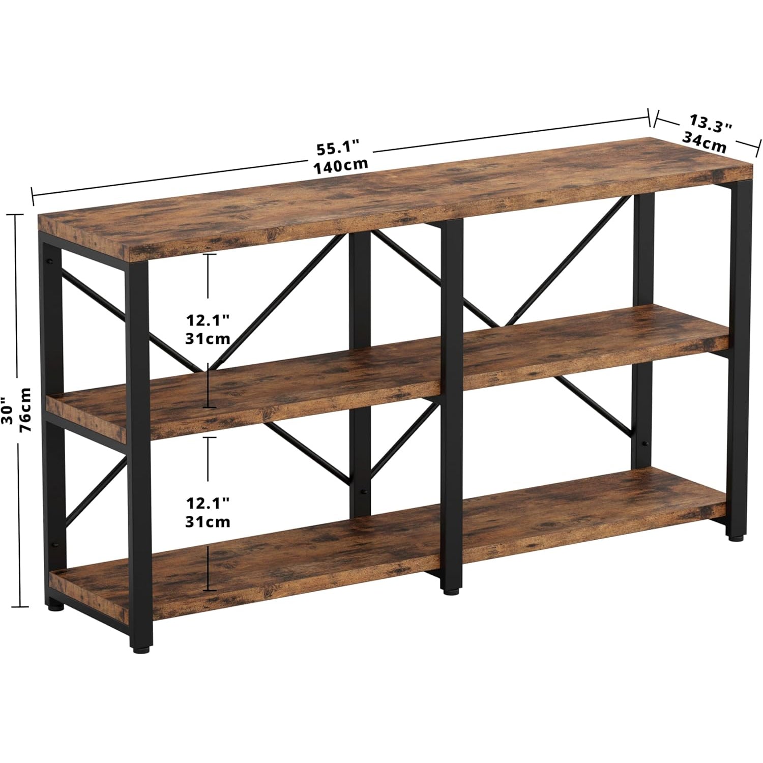 Entryway Console Table 55 in 3-Tier Hallway Table, TV Stand Entertainment Center Media Stand Industrial Style Vintage