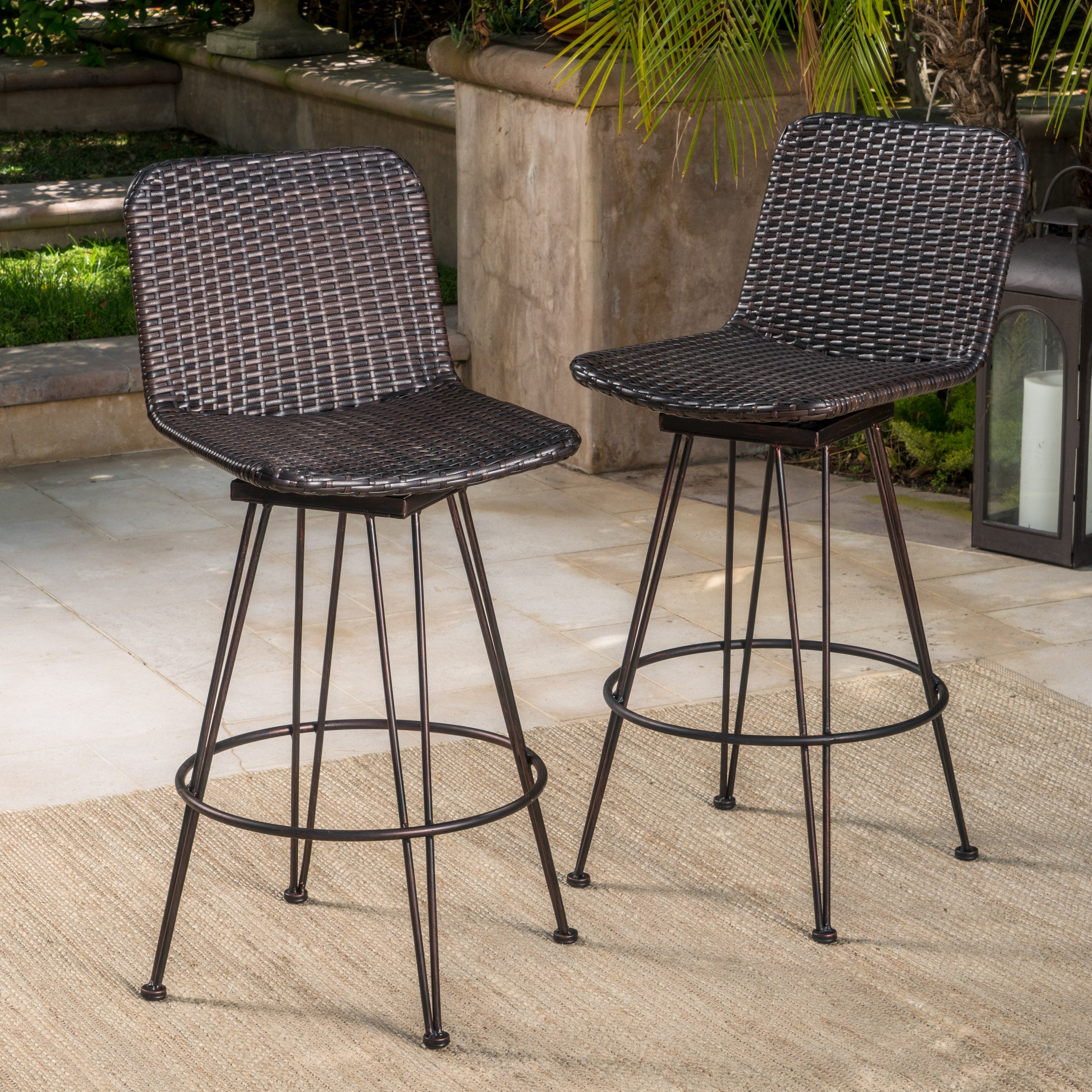 Pines 18-Inch Outdoor Wicker Barstools with Black Brush Copper Iron Frame (Set of 2)